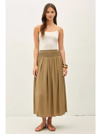 Marty Smocked Waist Midi Skirt in moss – women's flowy rayon midi skirt with smocked elastic waist | Glitz Fine Clothing