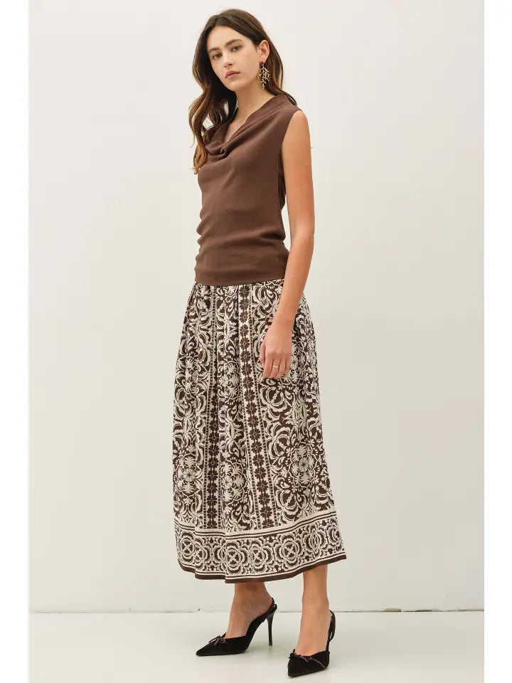 Brown panel print midi skirt with draping pleats