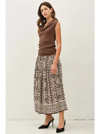 Brown panel print midi skirt with draping pleats