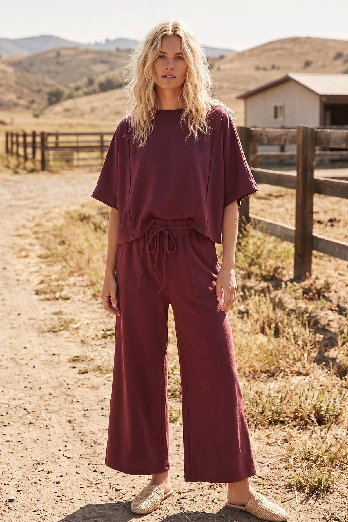 Sewn and Seen - Brushed Stretch Boxy Top & Wide Leg Pant Set: BURGUNDY / L
