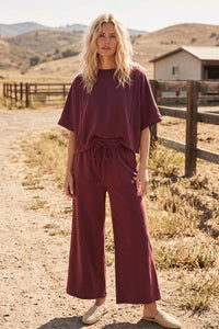 Sewn and Seen - Brushed Stretch Boxy Top & Wide Leg Pant Set: BURGUNDY / L