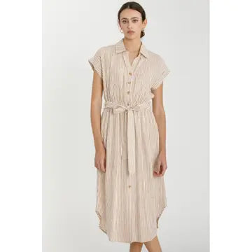 Woman wearing Whitney toffee striped utility button-up midi dress with tie waist