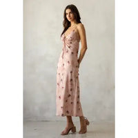 Bias-cut rose floral satin midi dress, side view
