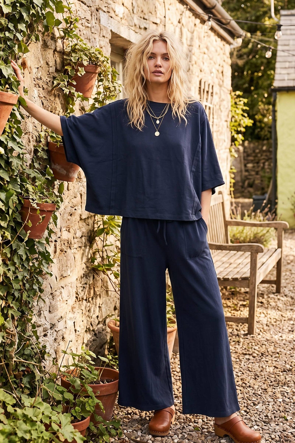 Sewn and Seen - Brushed Stretch Boxy Top & Wide Leg Pant Set: BURGUNDY / L