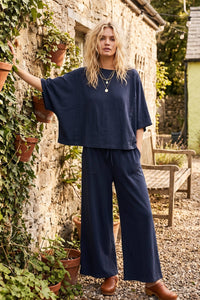 Sewn and Seen - Brushed Stretch Boxy Top & Wide Leg Pant Set: BURGUNDY / L