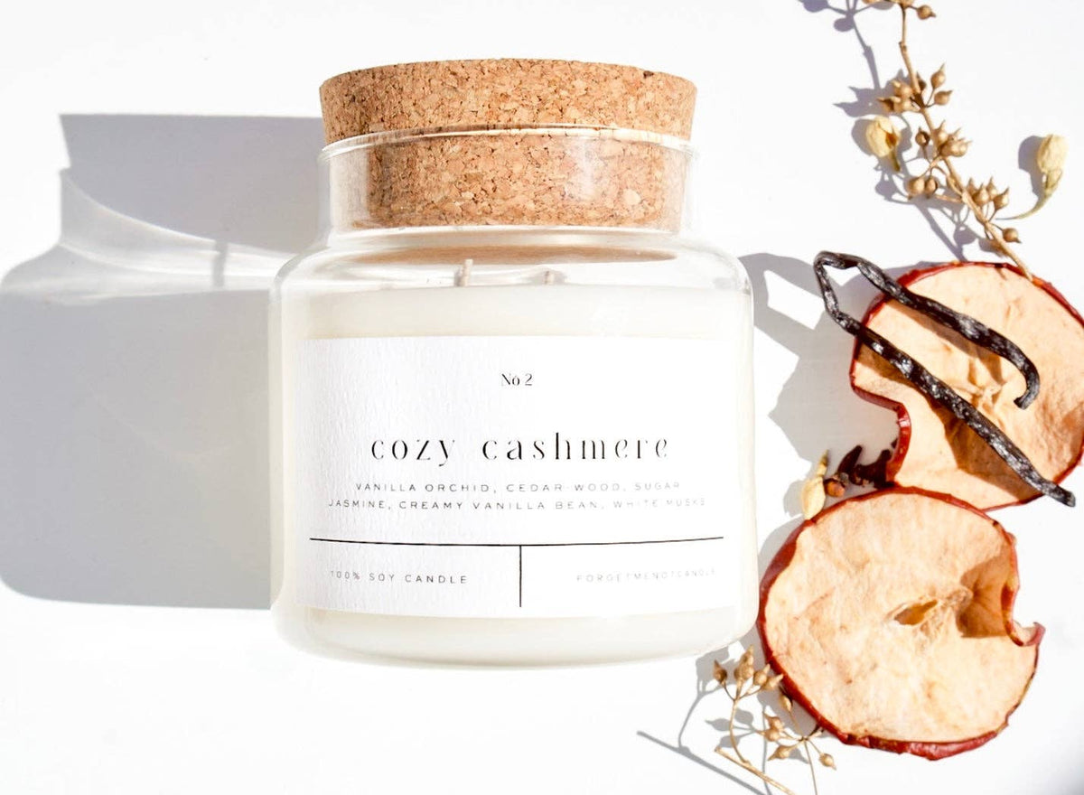Forget Me Not Cozy Cashmere 22 oz soy candle in glass apothecary jar with cork lid