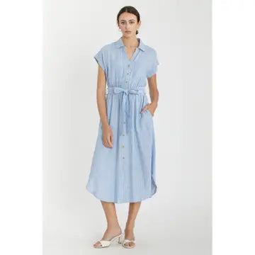Woman wearing Whitney blue striped utility button-up midi dress with tie waist