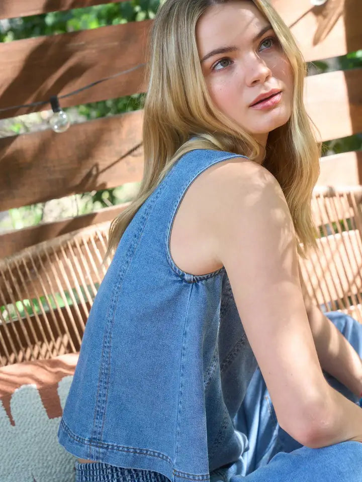 Sleeveless woven denim-look top with seam detail, full view
