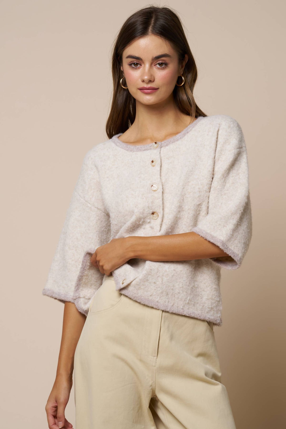 Lalavon - Color Block Button Down Sweater Top: LT BEIGE / L