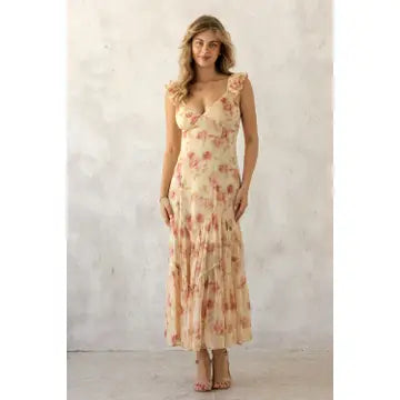 Raven ruffle strap tiered midi dress in yellow, front view