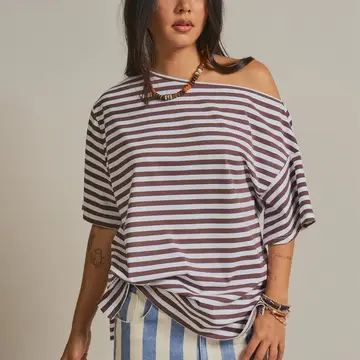 Hayden boxy cotton tee, off-shoulder boat neckline detail
